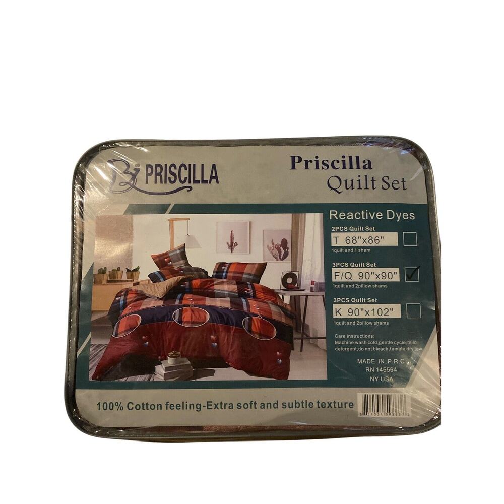 Priscilla 3 Piece F/Q Quilt Set Cotton Soft 2 Pillow Shams 90" x 90”
